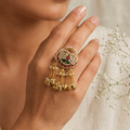 Red, Green and White Kundan Ring | Gold Jadau Ring with Chain Tassels