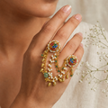 Multicolour Jadau Kundan Two Fingers Ring | Pearl & Green Bead Hand Harness