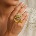 Pearl & Kundan Statement Ring | Circular Polki Design with Gold Charm Drops