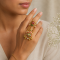 Traditional Kundan Finger Ring with Pearl & Bead Tassels – Gold-Toned Ethnic Statement Ring