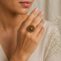 Antique Gold Round Floral Ring with Ruby & Emerald Stones – Traditional Kundan Style Statement Ring
