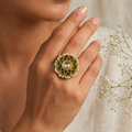 Emerald & Pearl Kundan Statement Ring | Round Floral Motif with Polki Centre