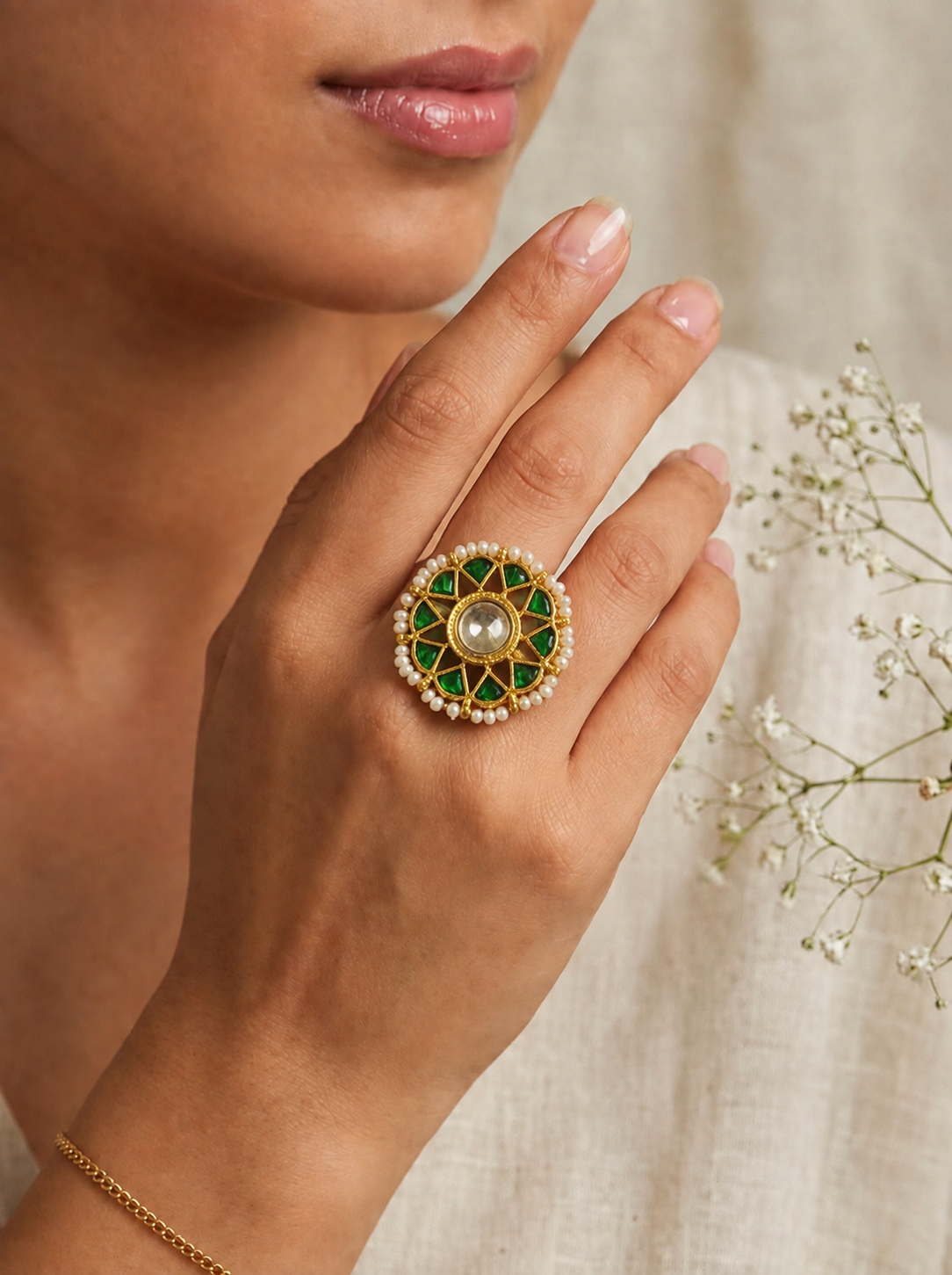 Emerald & Pearl Kundan Statement Ring | Round Floral Motif with Polki Centre