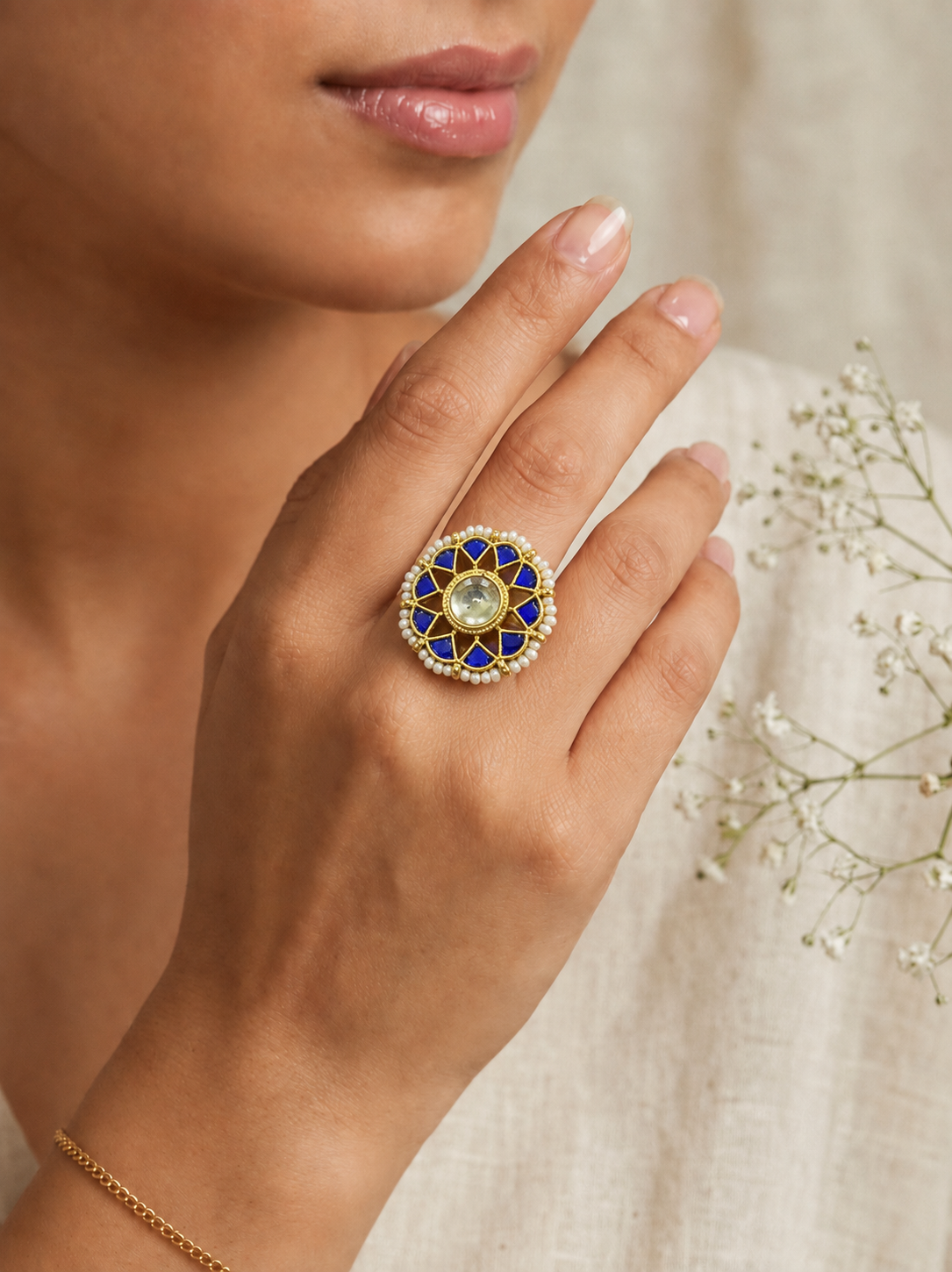 Emerald & Pearl Kundan Statement Ring | Round Floral Motif with Polki Centre