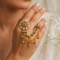 Ruby & Emerald Kundan Two-Finger Ring | Pearl & Green Bead Hand Chain