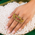 Antique Gold Trinity Ring | Long Ruby-Emerald Kundan Statement Ring