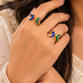 Blue and Green Kundan Crescent Moon Ring | Gold Open Ring with Twin Moons