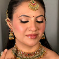 Antique Gold Floral Peacock Choker Set | Ruby-Emerald Kundan Jhumka Necklace
