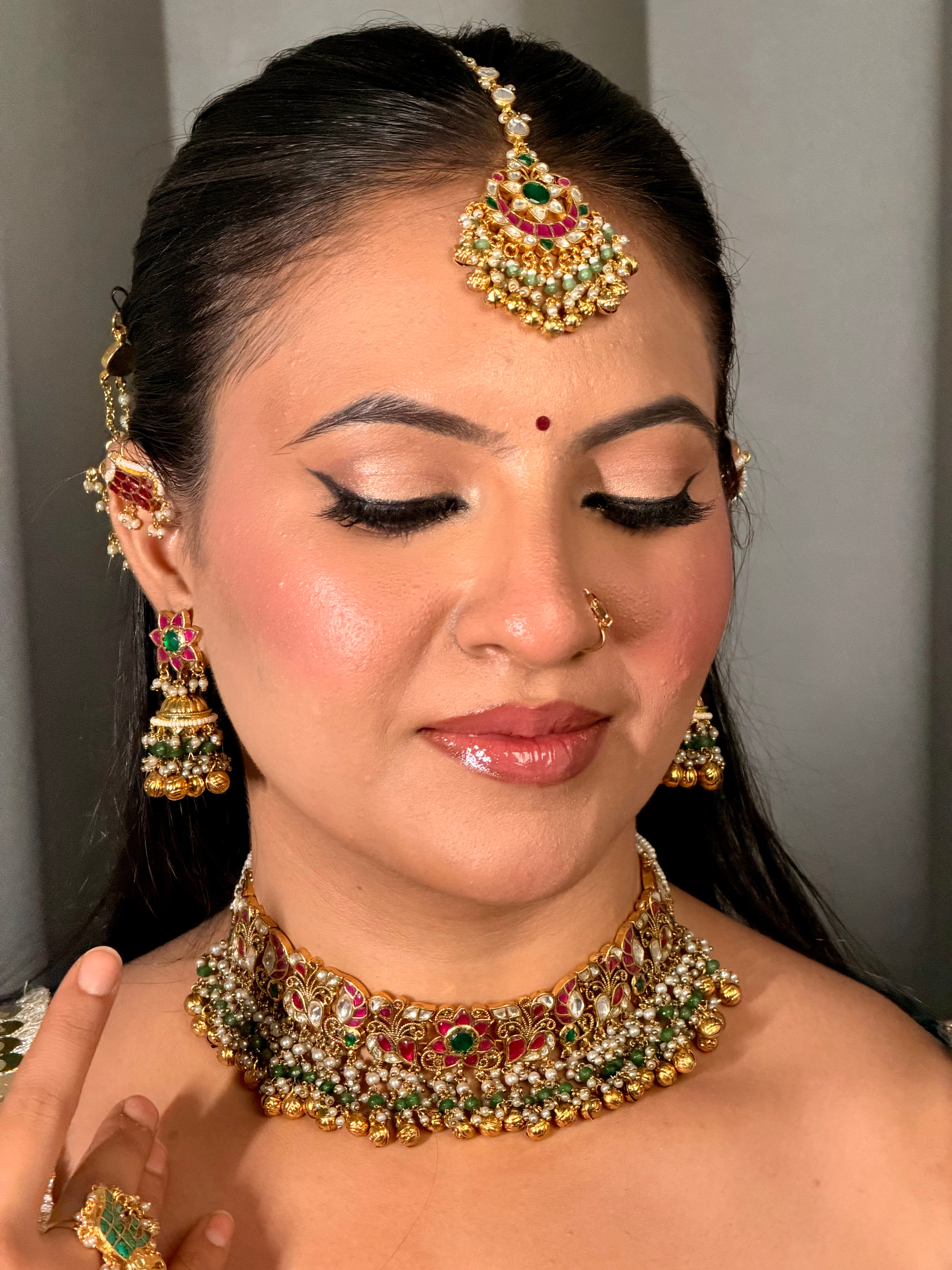 Antique Gold Floral Peacock Choker Set | Ruby-Emerald Kundan Jhumka Necklace