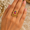 Pink and Blue Duck Ring | Granulated Gold Ring with Ghungroo
