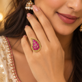 Rani Pink Jadau Ambi Ring | Gold Paisley Ring with Beaded Border