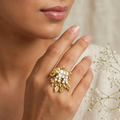 Gold Elephant Ring | Jadau Inlay with Seed Pearl Fringe