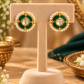 Green Jadau Kundan Flower Studs | Round Gold Studs with Seed Pearl Border