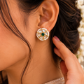 Green and Mother of Pearl Jadau Studs | Round Gold Studs with Pearl Border