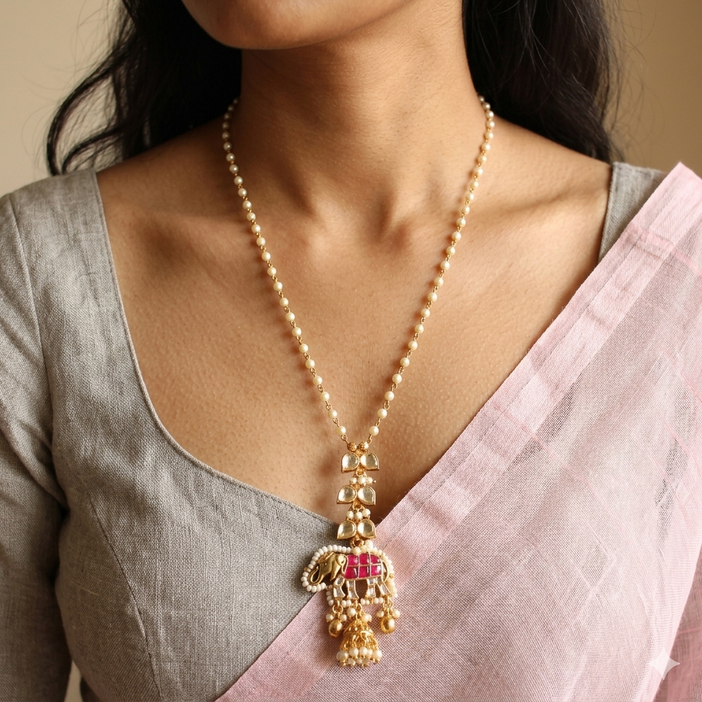 Gajgauri Rani Haar — Elephant Polki Pendant with Pearl Chain & Jhumka Set
