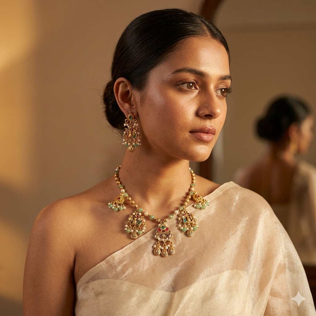 Vasundhara Heritage Necklace Set — Mint Jade, Ruby & Pearl Chandelier