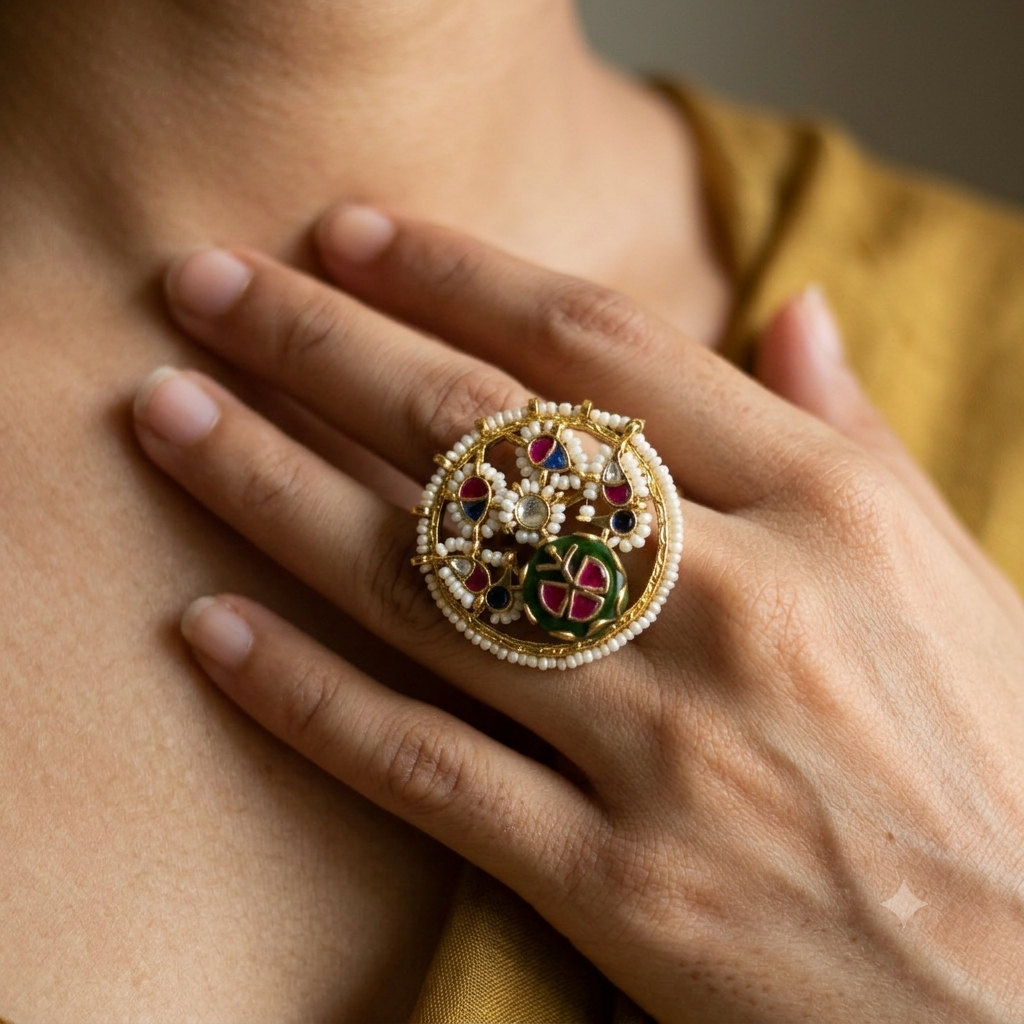 Jadau Wheel Ring | Multicolor Gemstone Pearl Border Circular Ring