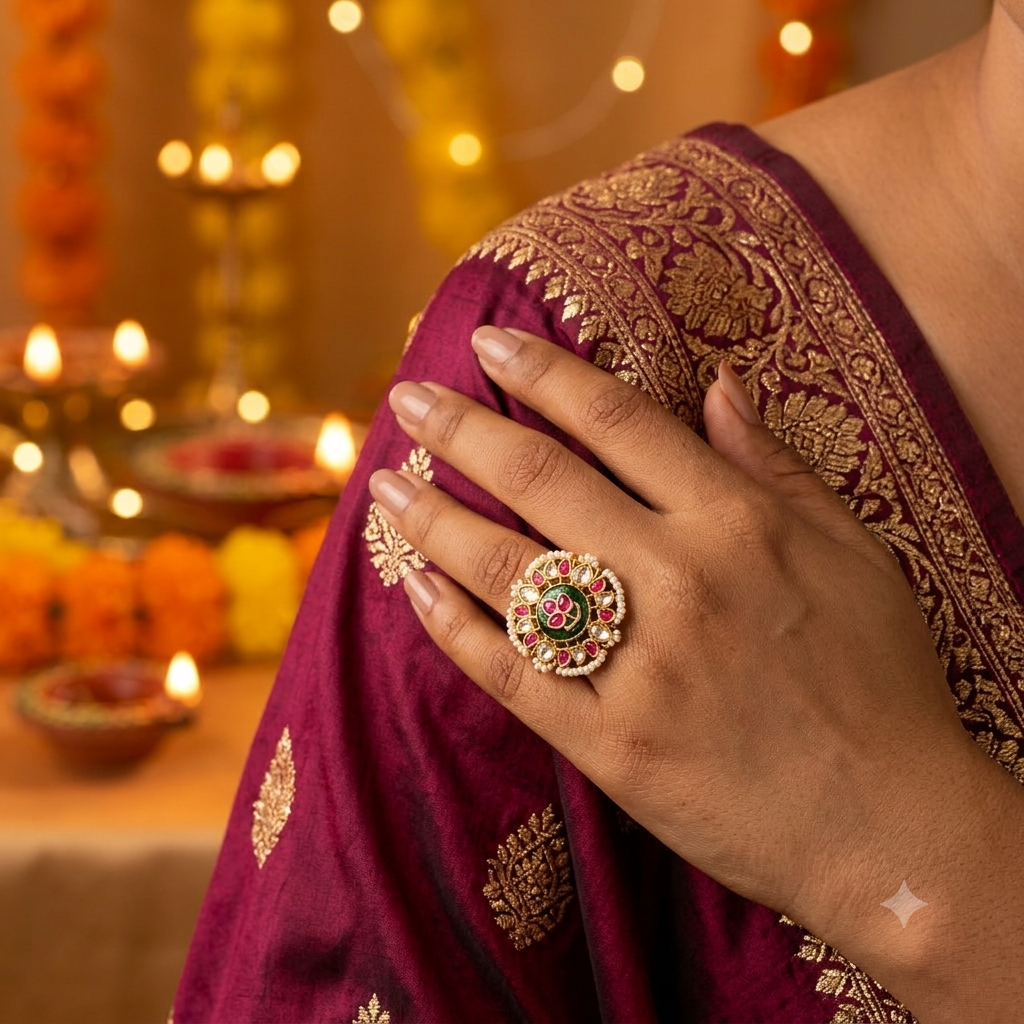 Floral Kundan Medallion Ring | Ruby & Pearl Petal Border Ring