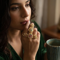 Antique Gold Butterfly Panja Ring | Connected Kundan Statement Ring