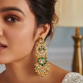 Emerald Kundan Chandbali Earrings | Layered Pearl & Gold Bead Drop Earrings