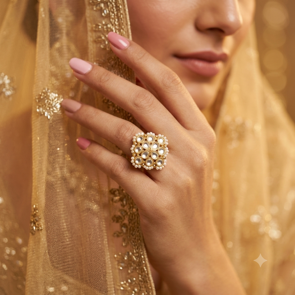 Kundan Cluster Ring | Gold-Toned Pearl Bordered Domed Ring