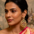 Pearl Chandbali Earrings | Ruby Kundan & Gold Ghungroo Drop Earrings