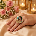 Jadau Green Meenakari Ring | Kundan Ruby & Pearl Statement Ring