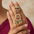 Pink and Green Kundan Long Ring | Gold Chandbali Statement Ring with Fringe