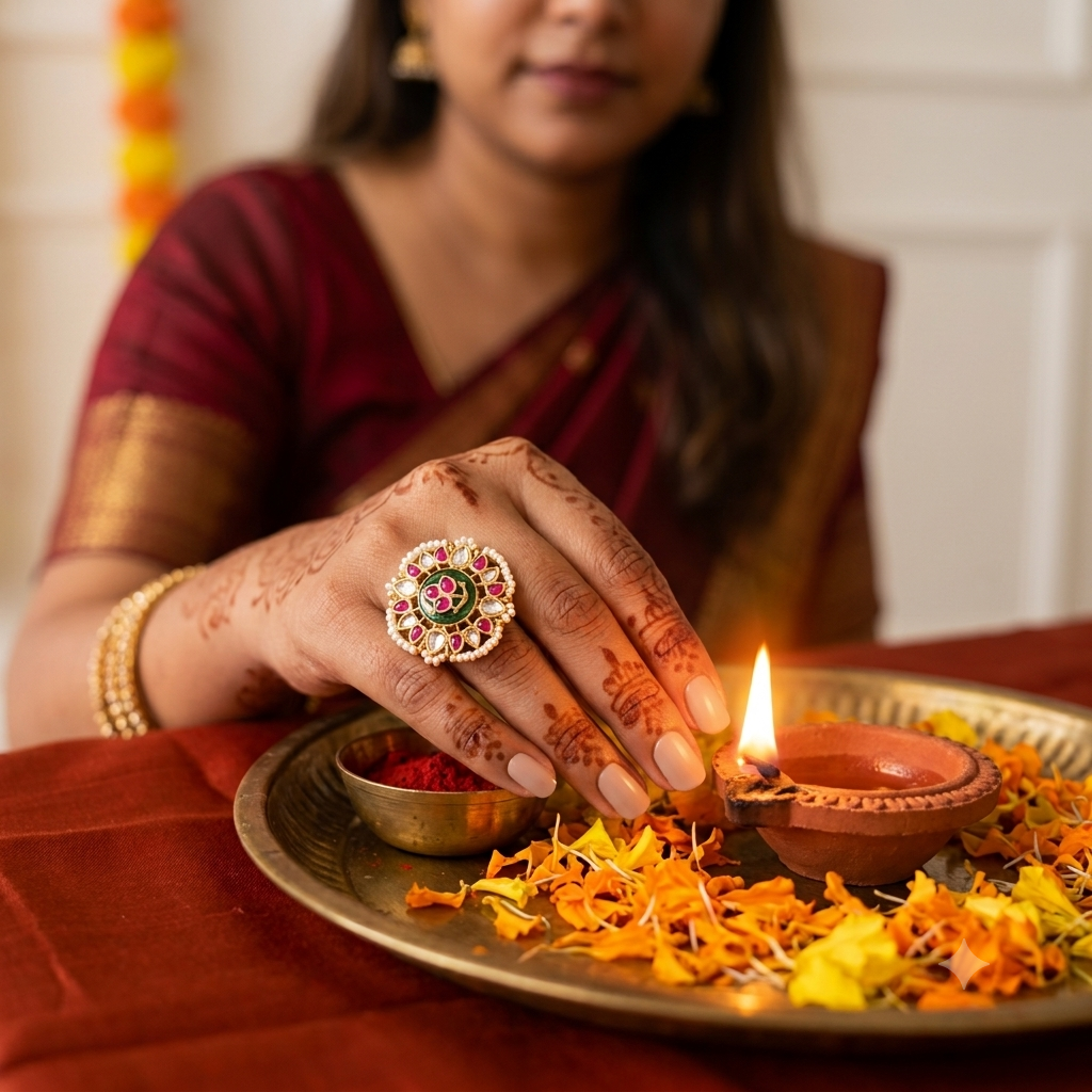 Floral Kundan Medallion Ring | Ruby & Pearl Petal Border Ring