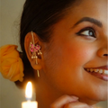 Pink Stone Peacock Ear Pins | Gold Ear Cuff with Seed Pearl Clusters