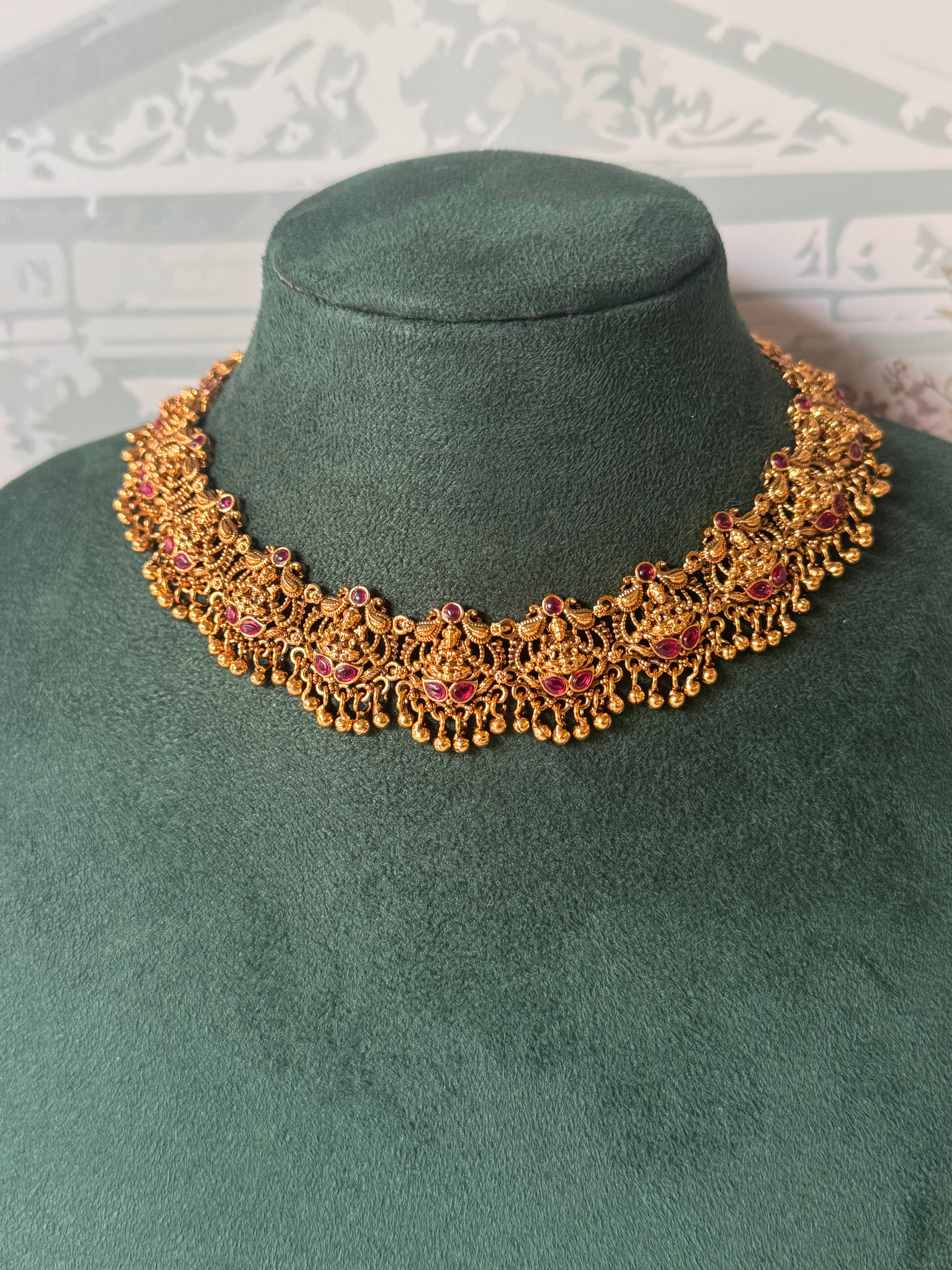 Antique Gold Temple Necklace Set | Red Stone Choker with Earrings