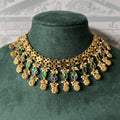 Antique Gold Floral Link Necklace Set | Emerald-Sapphire Drop Fringe Necklace