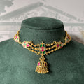 Antique Gold Meenakari Necklace with Jhumka Pendant – Ruby, Emerald & Kundan Enamel Chain Choke