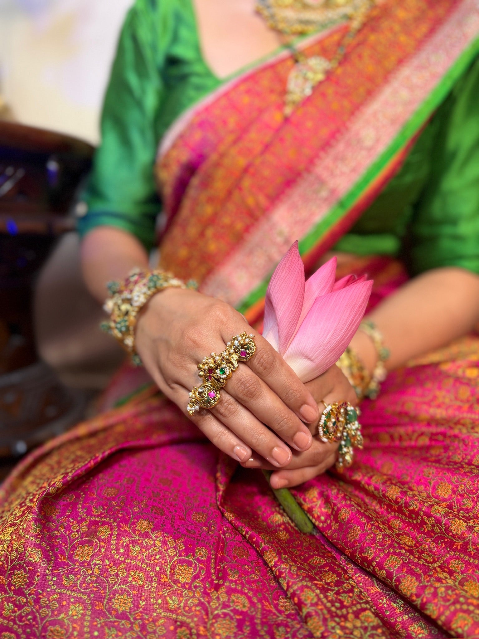 Antique Gold Trinity Ring | Long Ruby-Emerald Kundan Statement Ring
