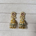Ruby Kundan Jhumka Earrings | Pearl & Green Bead Domed Drops