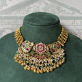 Antique Gold Kundan Pearl Choker Set | Ruby-Emerald Beaded Necklace & Jhumka Earrings