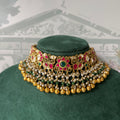 Kundan Meenakari Choker Necklace Set with Jhumka Earrings – Antique Gold Finish | Available in Ruby-Emerald & Classic Gold