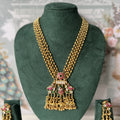Long Antique Gold Peacock Pendant Mala Set | Ruby-Emerald Kundan Necklace & Earrings