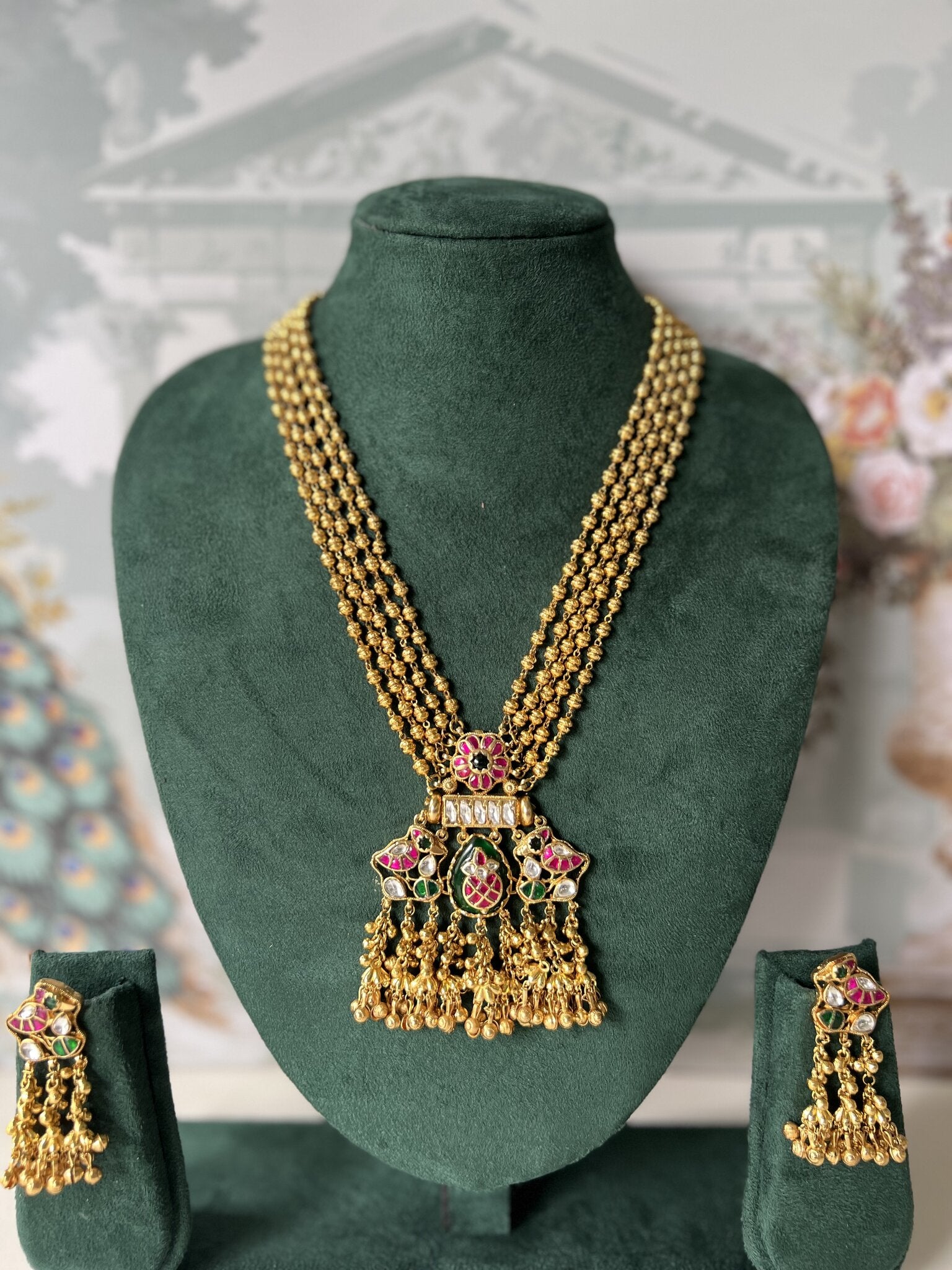 Long Antique Gold Peacock Pendant Mala Set | Ruby-Emerald Kundan Necklace & Earrings