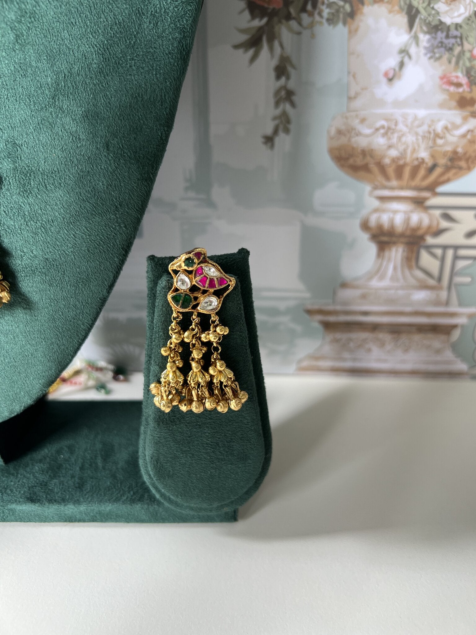 Long Antique Gold Peacock Pendant Mala Set | Ruby-Emerald Kundan Necklace & Earrings