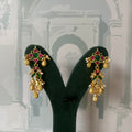 Ruby & Emerald Kundan Drop Earrings | Floral Motifs with Pearl & Gold Charm Accents
