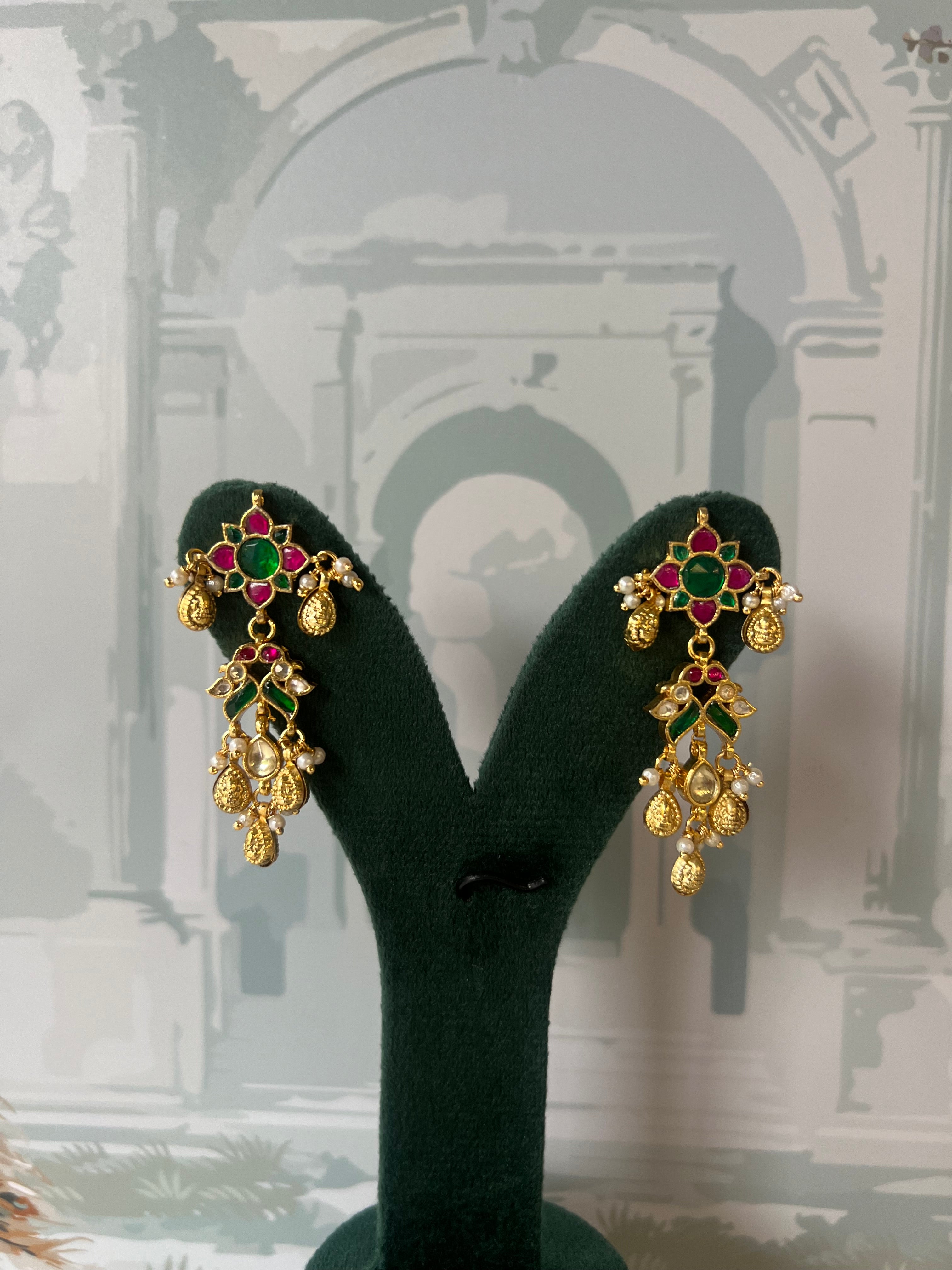 Ruby & Emerald Kundan Drop Earrings | Floral Motifs with Pearl & Gold Charm Accents
