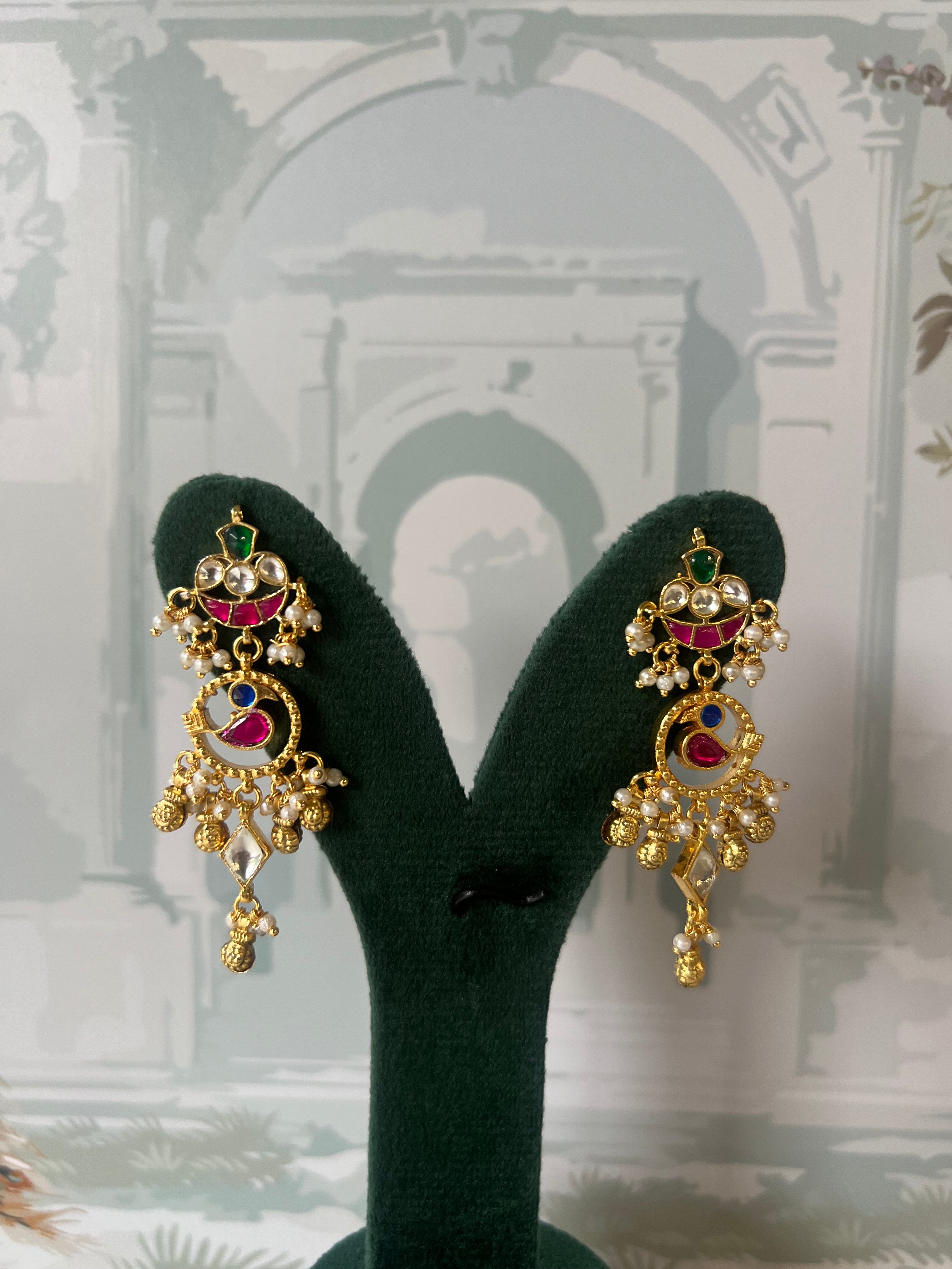 Multicolour Kundan Statement Earrings | Ruby, Emerald & Sapphire-Inspired Stones with Pearl Drops
