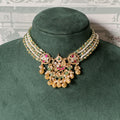 Green Bead & Pearl Jadau Kundan Choker Set | Gold Paisley Drop Fringe