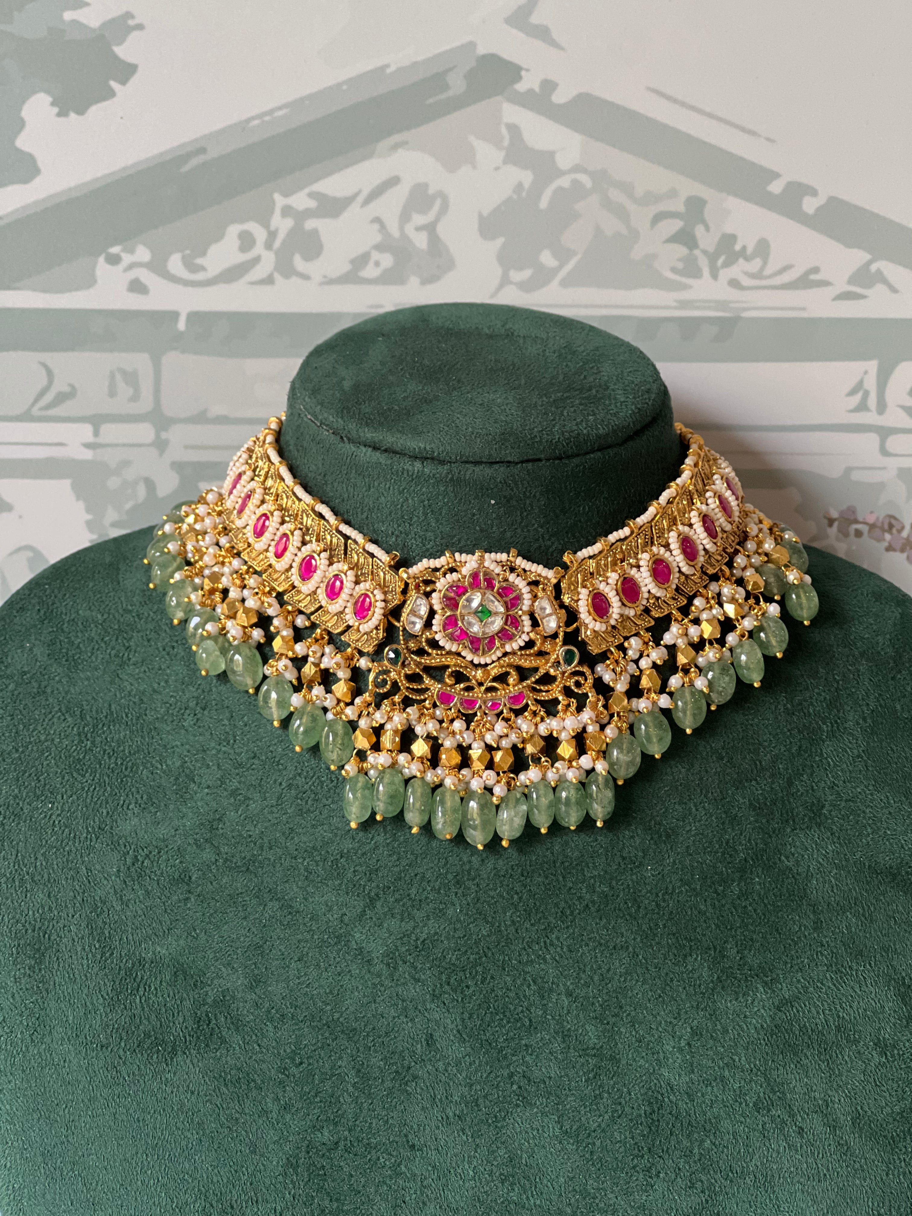 Rani Pink & Green Kundan Choker Set | Antique Gold Pearl Choker with Jhumkas