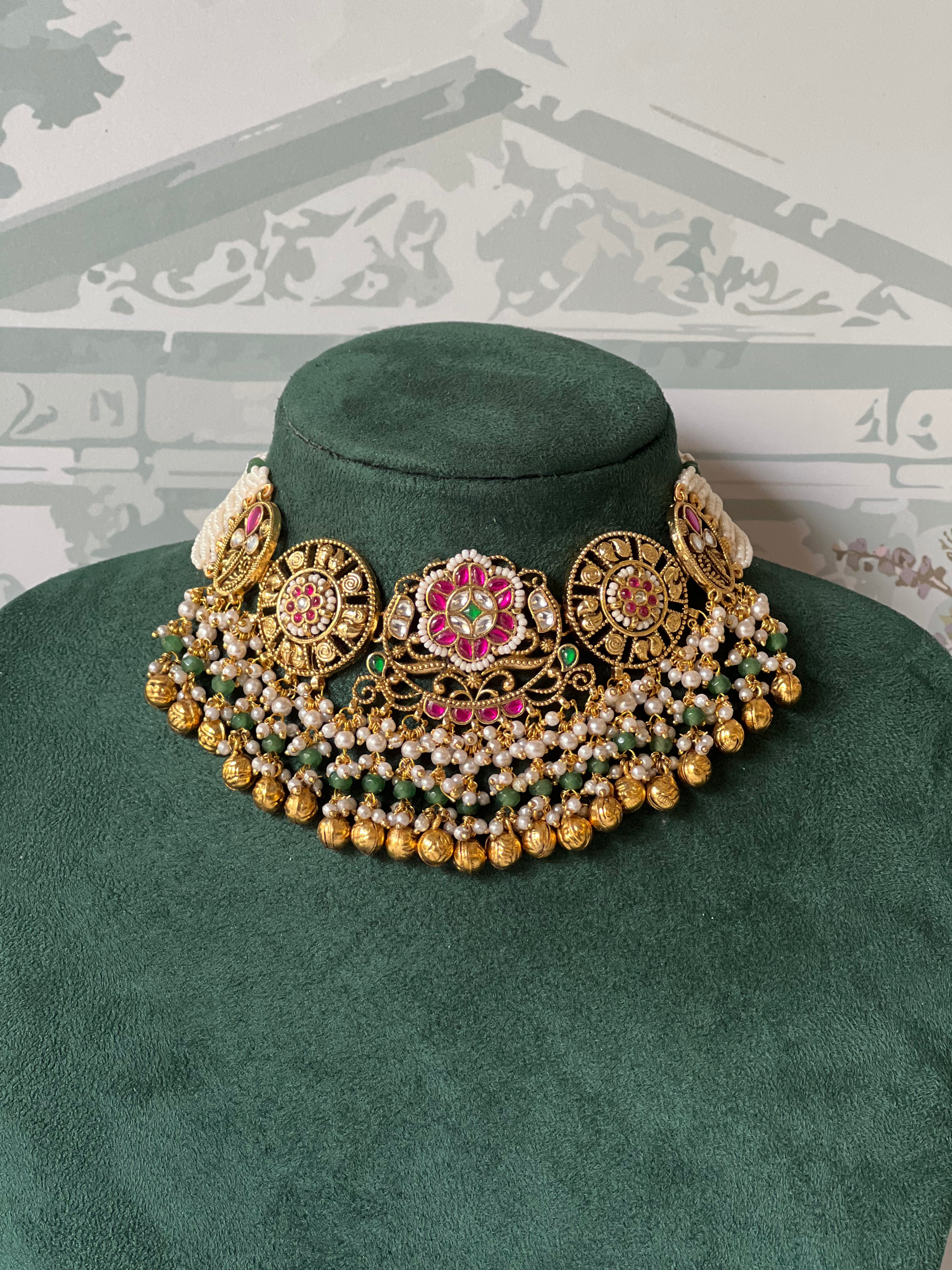 Rani Pink Kundan Bridal Choker | Antique Gold Choker with Pearl Fringe
