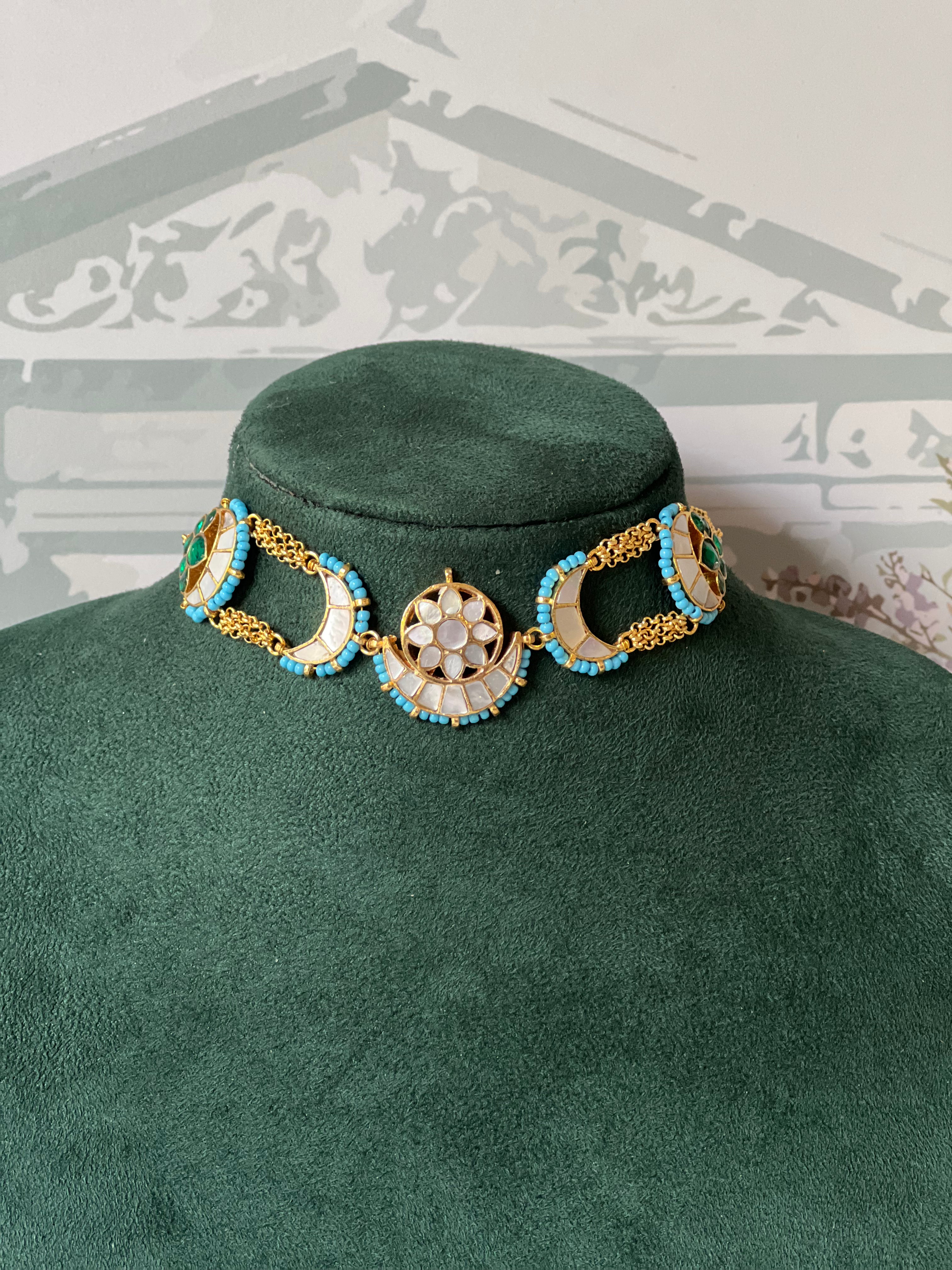 Firoza and Green Mother of Pearl Choker Set | Chandbali Choker with Studs