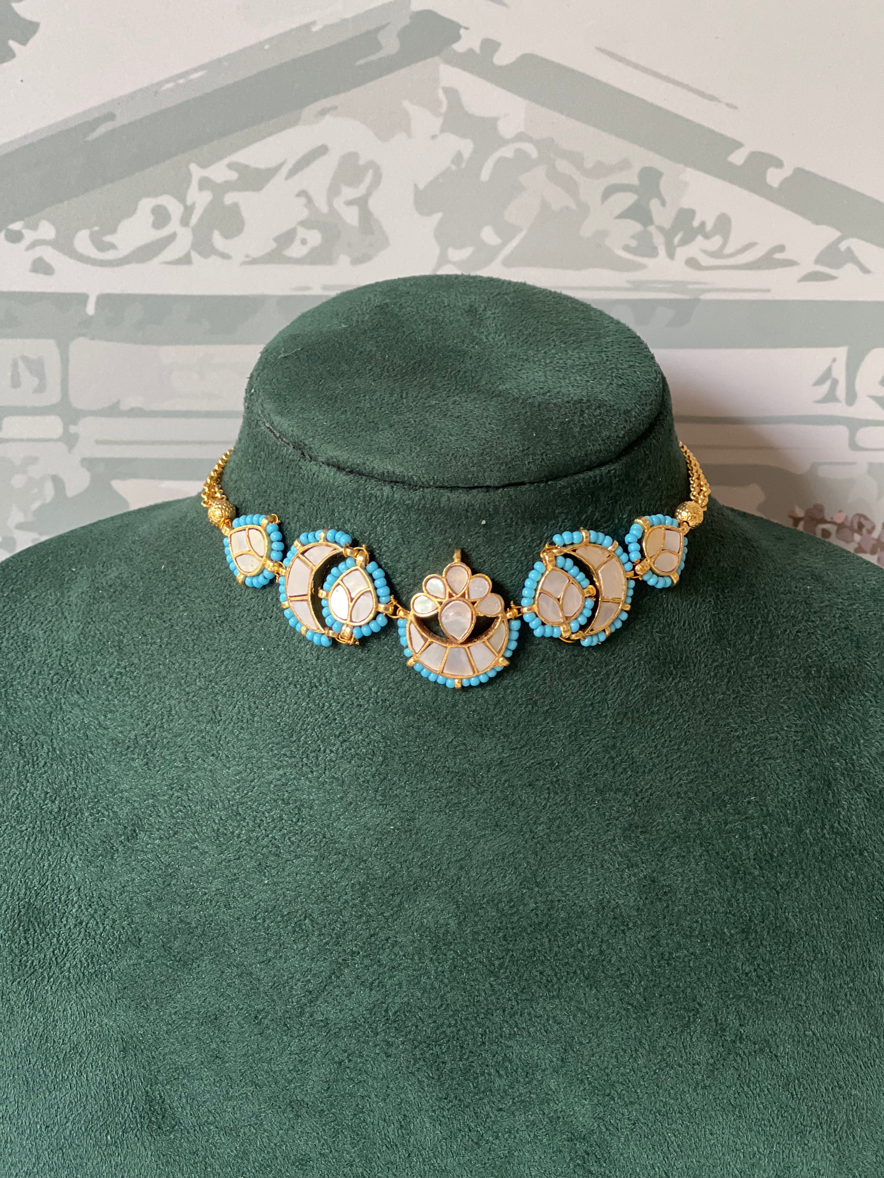 Firoza and Mother of Pearl Choker Set | Chandbali Necklace with Earrings