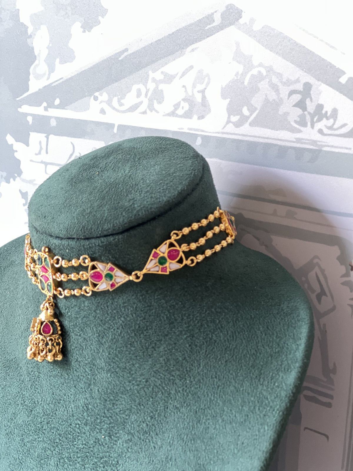 Antique Gold Meenakari Necklace with Jhumka Pendant – Ruby, Emerald & Kundan Enamel Chain Choke