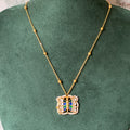 Blue and Green Kundan Butterfly Pendant | Gold Ball Chain with Pearl Border